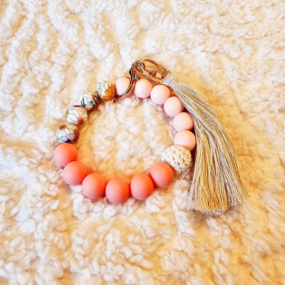 5/$25 Boho Flower Wristlet Keychain with Silicone Beads and Fringe Tassel
